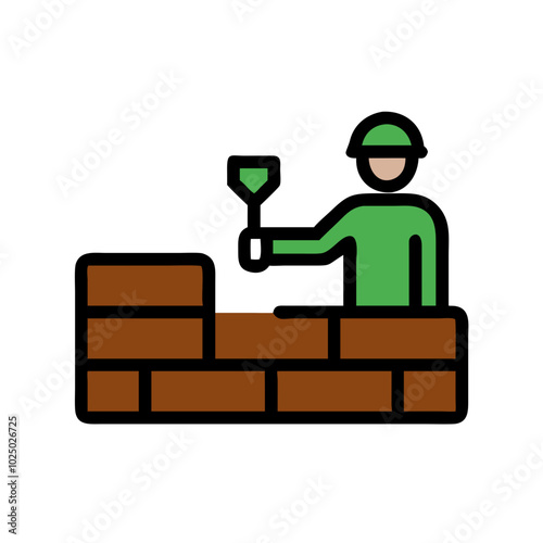 Bricklayer with brick and trowel vector icon, masonry tools, construction work, minimalist line art style, icon on transparent background, low-rise construction theme, green-brown color palette