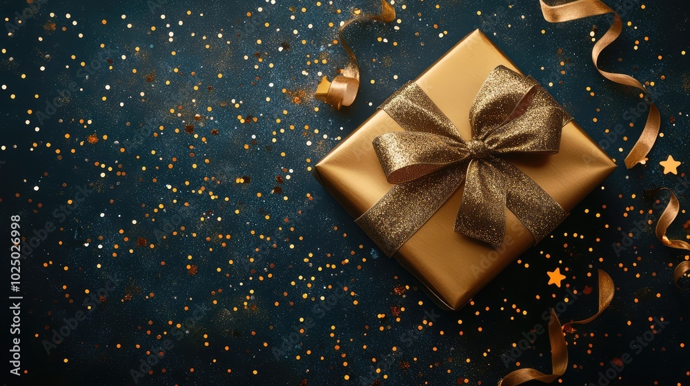 Golden gift with ribbon on dark background. AI generated illustration. Golden gift with ribbon on dark background. AI generated illustration.