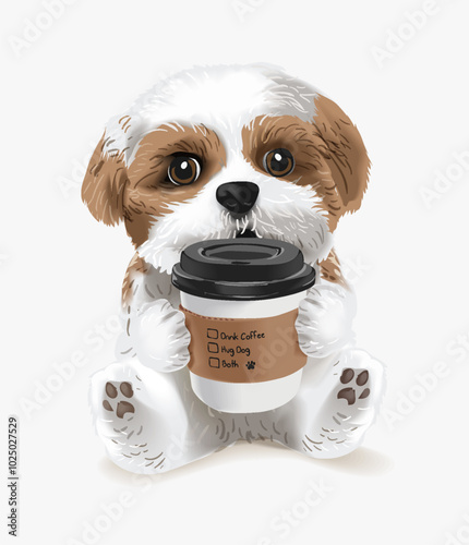 cute shi zhu puppy holding coffee cup vector illustration