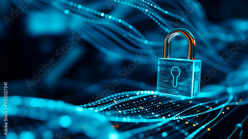 A flowing stream of data lines, protected by lock icons, symbolizing encrypted internet traffic.