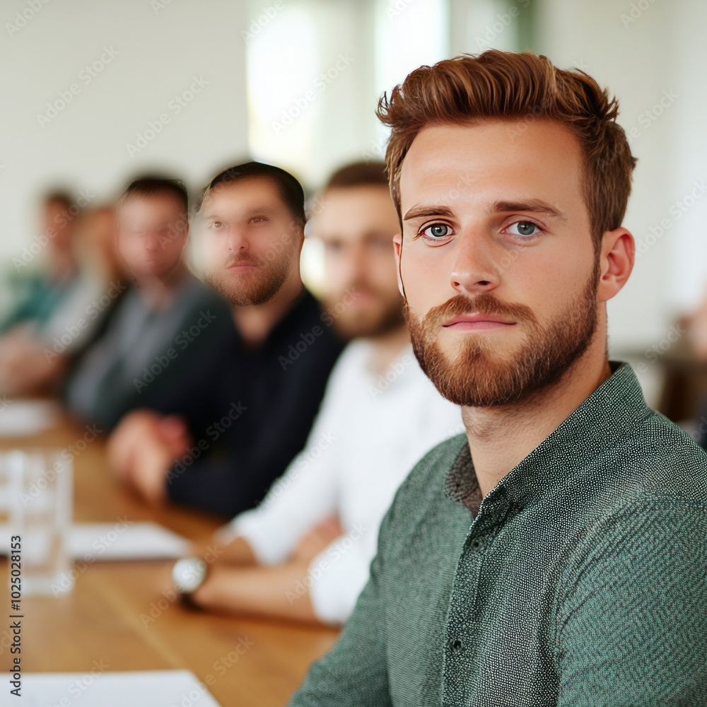 Fototapeta premium A focused man in a meeting with others in the background.