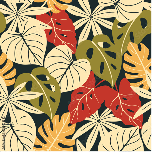 Abstract seamless tropical pattern with bright plants and leaves on a gray background. Seamless exotic pattern with tropical plants. Modern abstract design for fabric, paper, interior decor.