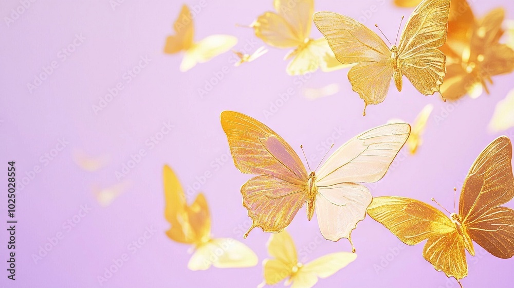 A cluster of vibrant yellow butterflies soaring in the sky against a backdrop of brilliant blue and a distant purplish hue A cluster of vibrant yellow butterflies soaring in the sky against a backdrop of brilliant blue and a distant purplish hue