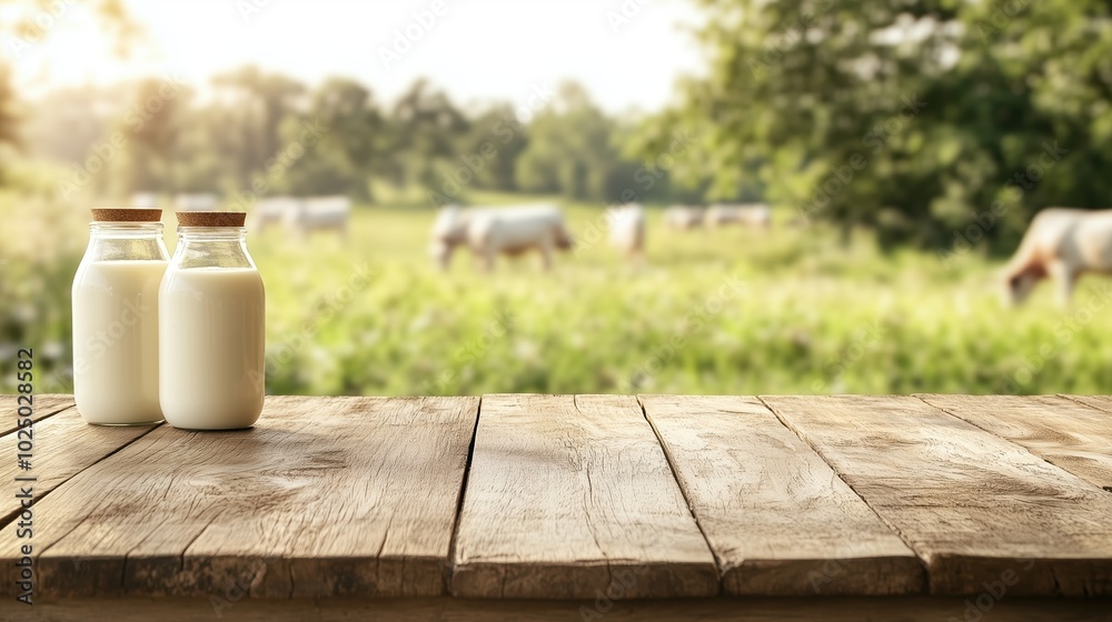 Two glass bottles of milk on a rustic wooden table with cows grazing in a lush, sunlit field background, conveying freshness and tranquility. Two glass bottles of milk on a rustic wooden table with cows grazing in a lush, sunlit field background, conveying freshness and tranquility.