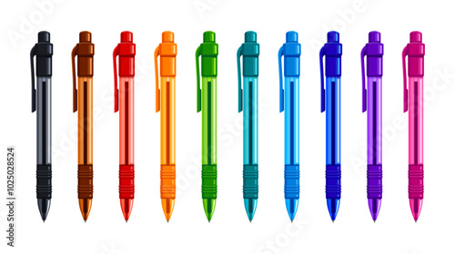 Set of colorful retractable ballpoint pens in black, brown, red, orange, green, teal, blue, purple, pink. School supply, stationery concept. Flat vector illustration isolated on a white background 