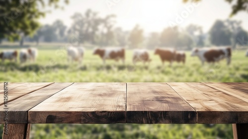 Rustic wooden table with a blurred background of cows grazing in a sunlit, lush green pasture.