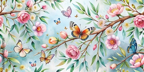 Fototapeta Naklejka Na Ścianę i Meble -  watercolor flowers and butterflies on branches