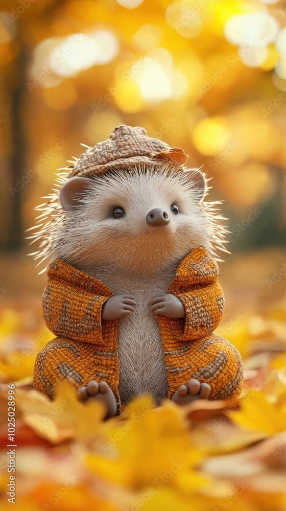 Fototapeta premium Hedgehog in vibrant orange sweater and hat sitting on autumn leaves in park. Yellow and orange leaves in background. Hedgehog is central focus. Autumn scene.