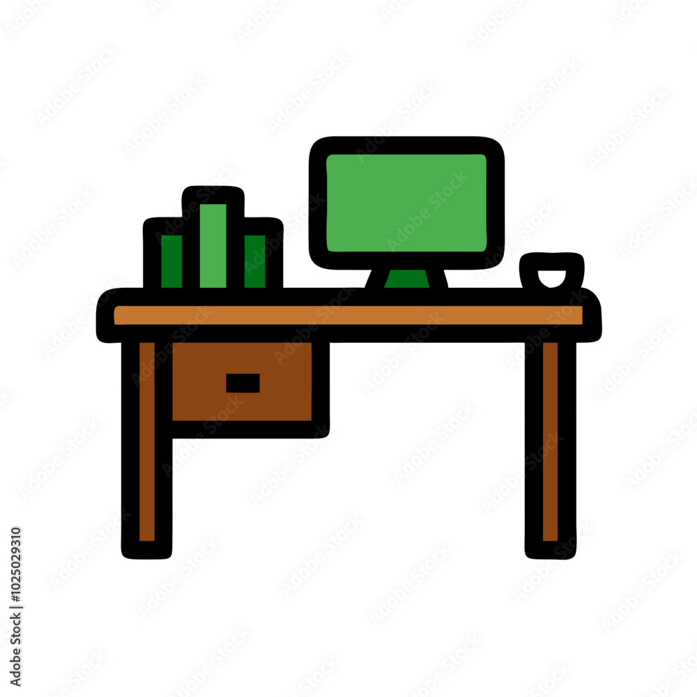 Vector icon of a home office, minimalist style, remote work and productivity concept, minimalist line art style, icon on transparent background, low-rise construction theme, green-brown color palette