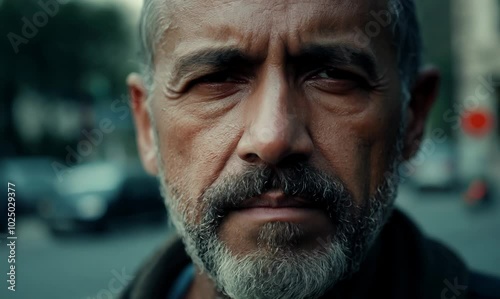 Closeup Portrait of Bearded Homeless Man in Dark Background