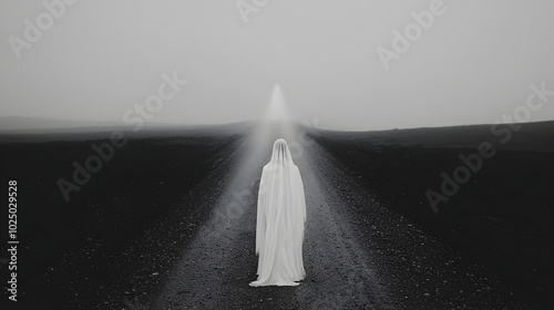 Ghostly veiled figure of a bride standing alone on a long empty road their ethereal gown and veil billowing in the dense mysterious fog  A haunting surreal scene of isolation and the supernatural photo