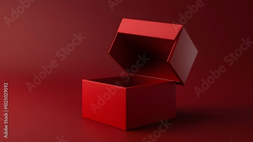 1. A minimalistic 3D rendering of an all-red gift box, slightly open to reveal a blank interior, isolated against a rich dark red background, perfect for showcasing holiday or celebration products