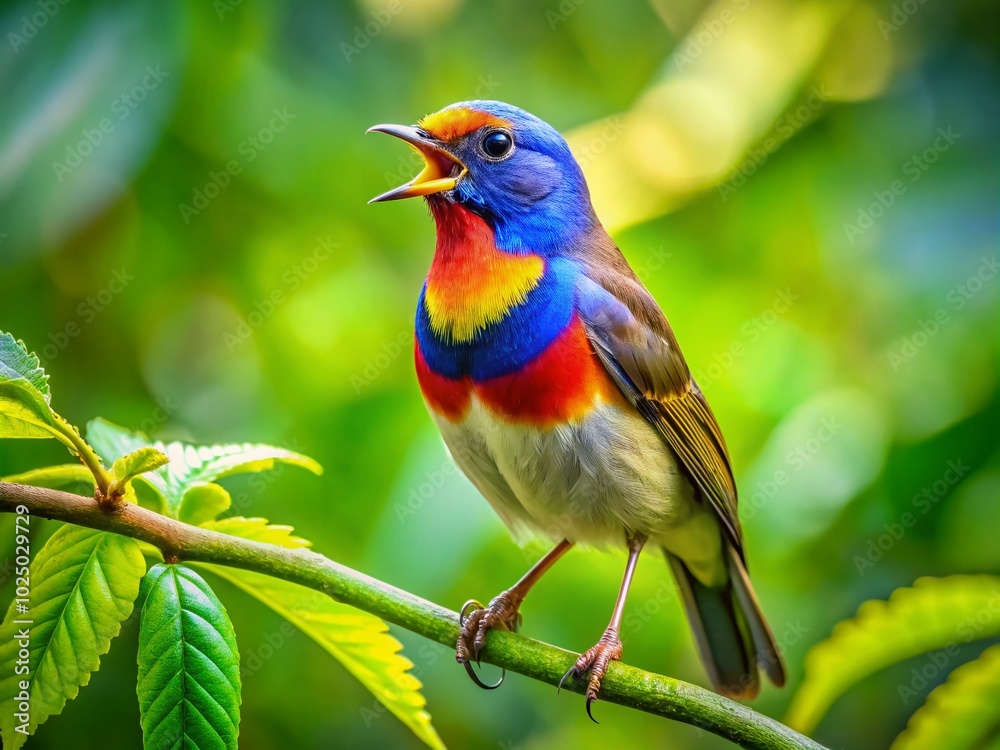 A Colorful Bird Singing Joyfully on a Branch Surrounded by Lush Greenery in a Bright Environment