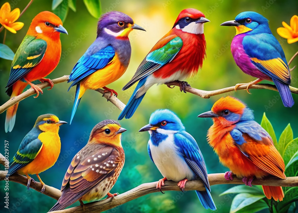 Obraz premium A Colorful Collection of Birds in Various Poses Perfect for Artistic Inspiration and Painting Ideas