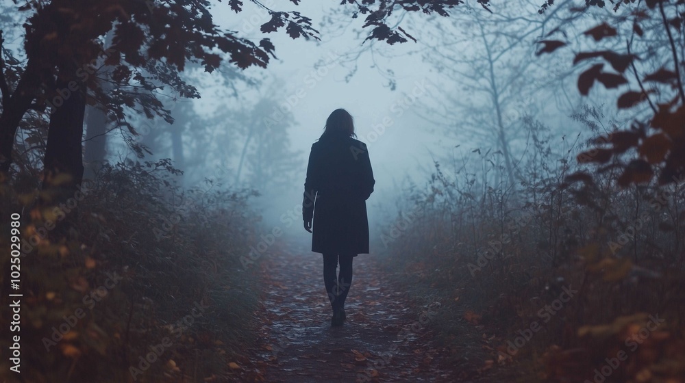 Lonely woman walks on footpath in dark foggy mystery forest. Spooky atmospheric mood in autumn woodland
Lonely woman walks on footpath in dark foggy mystery forest. Spooky atmospheric mood in autumn woodland
