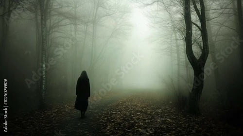 Lonely woman walks on footpath in dark foggy mystery forest. Spooky atmospheric mood in autumn woodland 