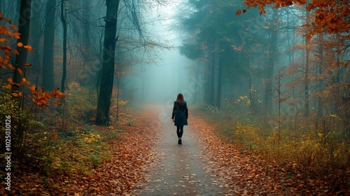 Lonely woman walks on footpath in dark foggy mystery forest. Spooky atmospheric mood in autumn woodland
