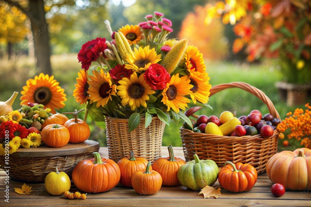 Thanksgiving harvest still life with sunflowers pumpkins and autumn fruit Thanksgiving harvest still life with sunflowers pumpkins and autumn fruit