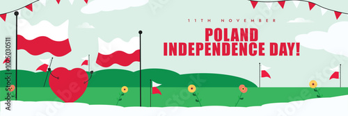 Poland Independence Day conceptual cover banner. 11th November Independence day of Poland cover banner, post with its flags, heart icon. The day recalls restoration of Poland's sovereignty in 1918