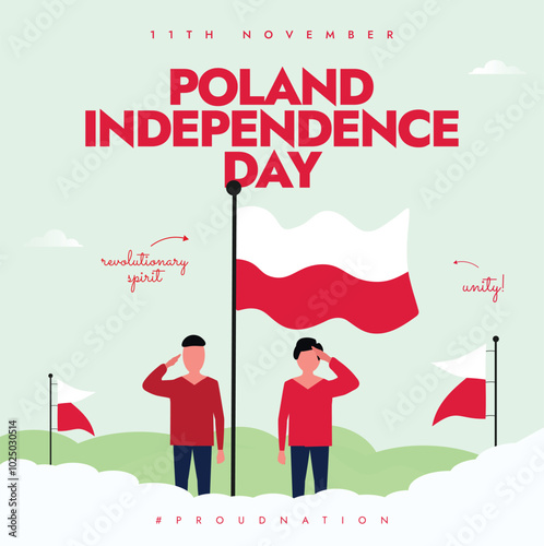Poland Independence day. 11th November independence day of Poland celebration banner with its flags, people saluting their waving flags. The day recalls restoration of Poland's sovereignty in 1918.
