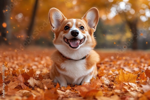 Happy corgi dog walking in autumn park among yellow leaves, concept of outdoor pet activity, nature industry, dog lovers