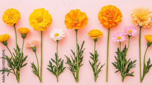  Different-colored flowers on pink background, with green stems and yellow and pink petals