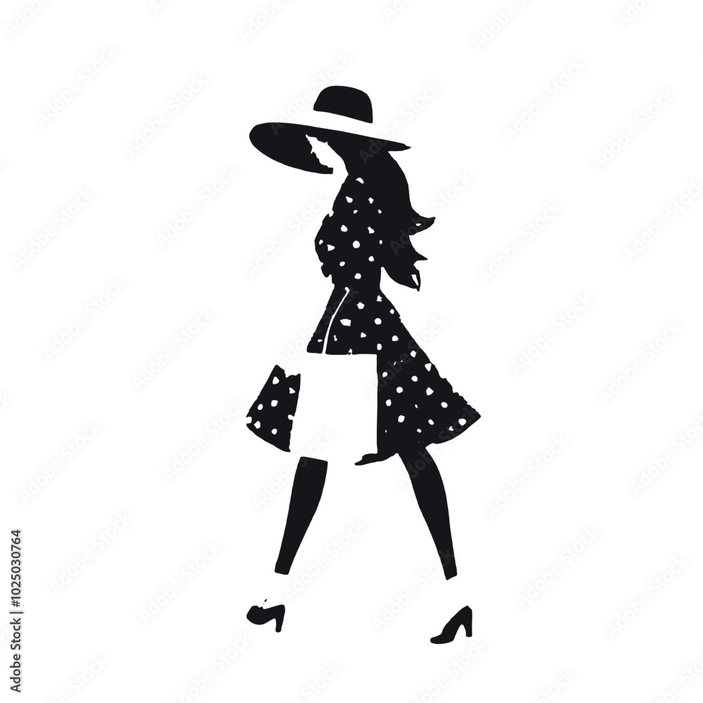 A young woman with long hair wearing a polka dot dress, holding shopping bags A young woman with long hair wearing a polka dot dress, holding shopping bags