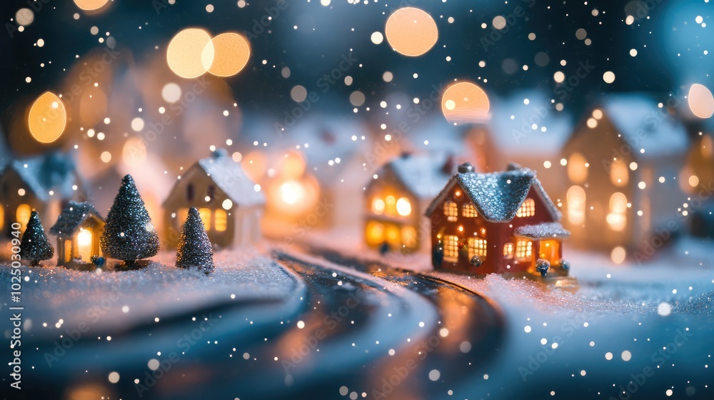Fototapeta premium Miniature city with snow-covered houses at night. AI generated illustration.