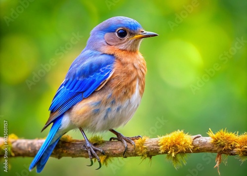 Adorable Bluebird Fledgling Perched on Branch with Soft Feathers and Bright Blue Plumage in Nature