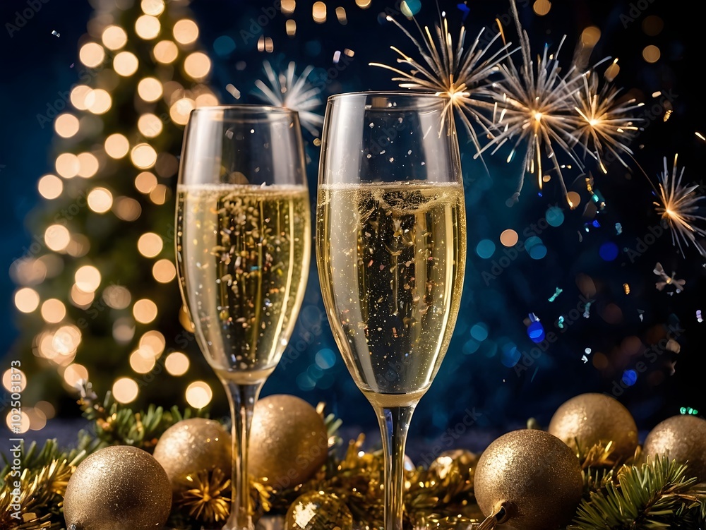 New Year's celebration with champagne and fireworks New Year's celebration with champagne and fireworks