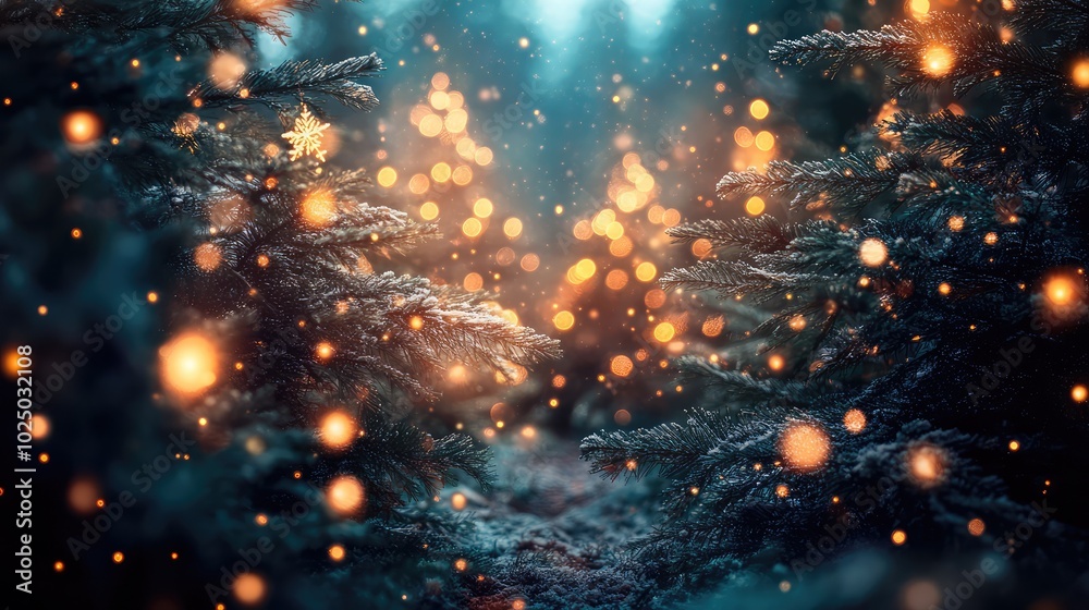 Lovely Christmas tree with decorations and merry lights. AI generated illustration. Lovely Christmas tree with decorations and merry lights. AI generated illustration.