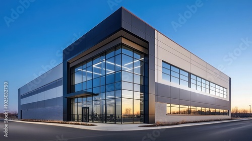 Sleek modern warehouse office building, architectural design, exterior view