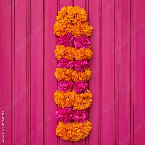 Bright floral arrangement in vibrant colors against a pink background.