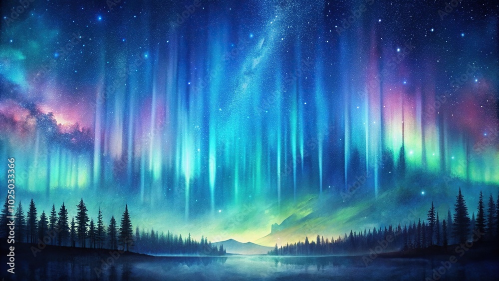 custom made wallpaper toronto digitalWatercolor painting of night sky with aurora vertical leading lines