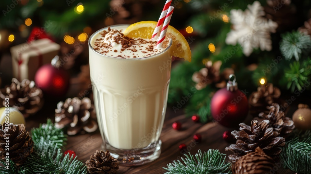 Milkshake in an Irish glass surrounded by Christmas attributes. AI generated illustration Milkshake in an Irish glass surrounded by Christmas attributes. AI generated illustration