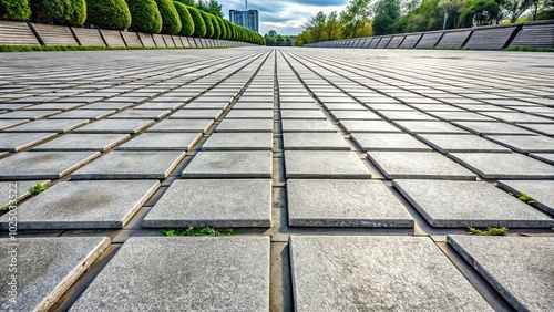 Tilted angle paving with large long concrete slabs Symmetrical decreasing perspective Selective focusing photo