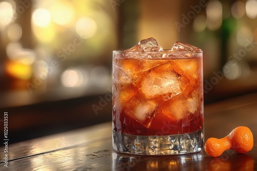 Cocktail Rosita dark red colored placed on the right side of the table with an orange twist on the table. Blurred bar with sunlight in the background.