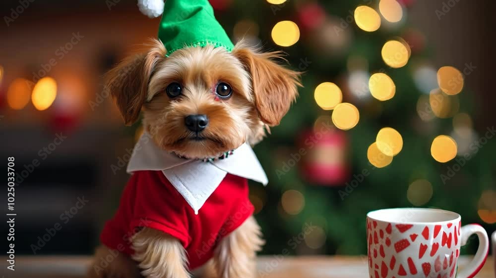 A puppy dressed as an elf, sitting in front of a Christmas tree, christmas animals