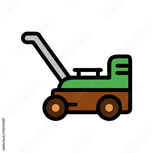 Lawn mower vector icon, simple flat design, gardening and maintenance, minimalist line art style, icon on transparent background, low-rise construction theme, green-brown color palette