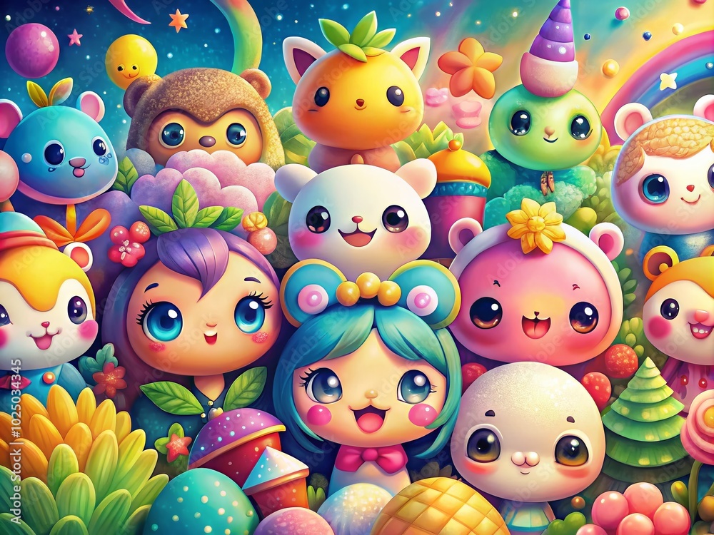 Adorable Kawaii Illustration Featuring Cute Characters and Whimsical Elements in Vibrant Colors