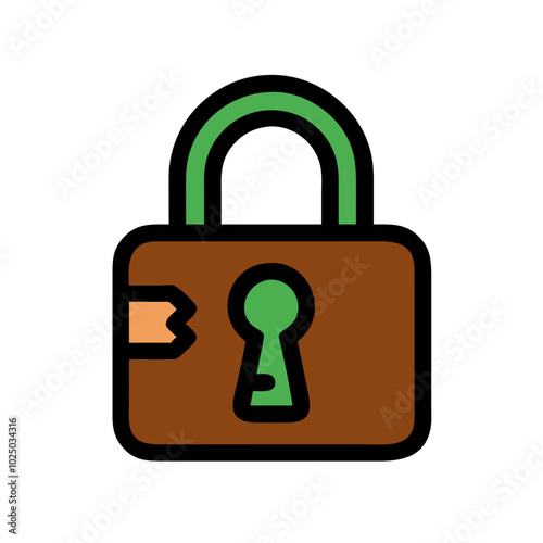 Lock vector icon, simple flat design, security and protection, minimalist line art style, icon on transparent background, low-rise construction theme, green-brown color palette