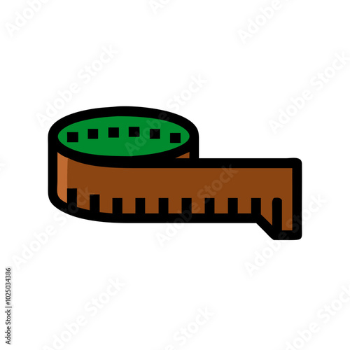 Vector icon for measuring tape tool for construction and DIY projects, minimalist line art style, icon on transparent background, low-rise construction theme, green-brown color palette
