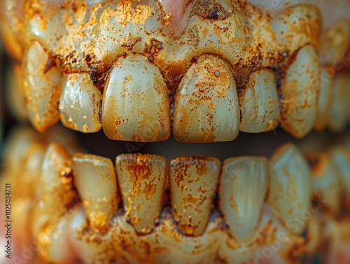 Teeth of a person with cavities and dental calculus photo