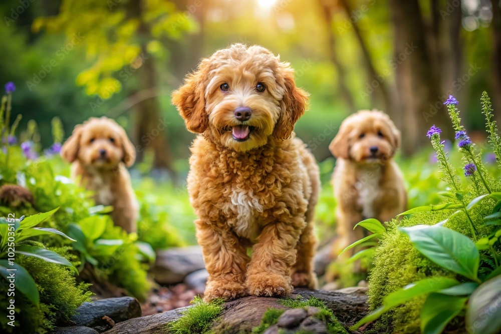 Fototapeta premium Adorable Pictures of Miniature Goldendoodles Playing and Exploring in Nature - Perfect for Pet Lovers and Dog