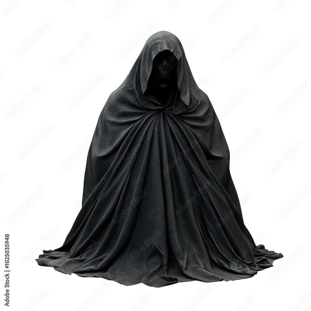 Mysterious figure draped in black cloak, isolated on a white background. Mysterious figure draped in black cloak, isolated on a white background.