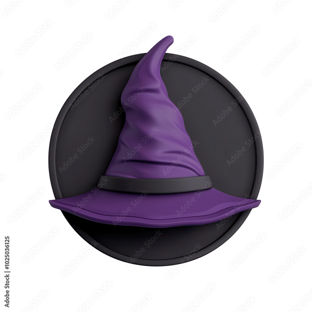 Fototapeta premium Purple witch hat with a mystical design on a black circular background.