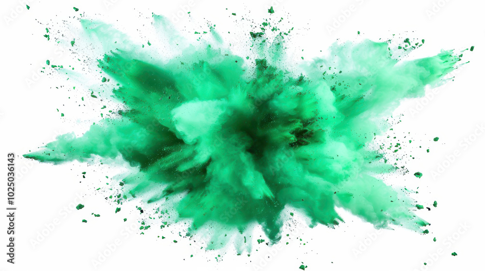 close up horizontal isolated image of a green powder explosion over a white neutral background close up horizontal isolated image of a green powder explosion over a white neutral background