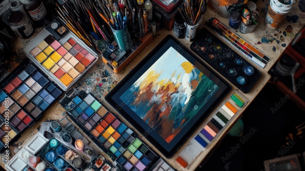 A flat lay of a digital artist tools, including a tablet, stylus, and color swatches, with a half-finished piece of digital art displayed, highlighting the modern and accessible nature of the hobby A flat lay of a digital artist tools, including a tablet, stylus, and color swatches, with a half-finished piece of digital art displayed, highlighting the modern and accessible nature of the hobby