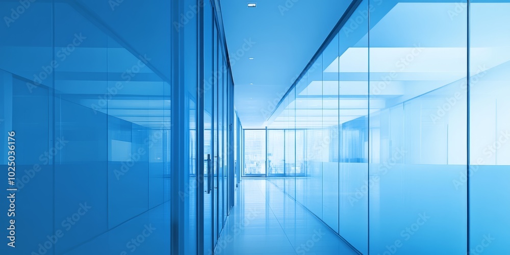 Obraz premium 青いガラスの廊下が続く現代的なオフィスビルの内部風景、昼間の自然光が差し込む