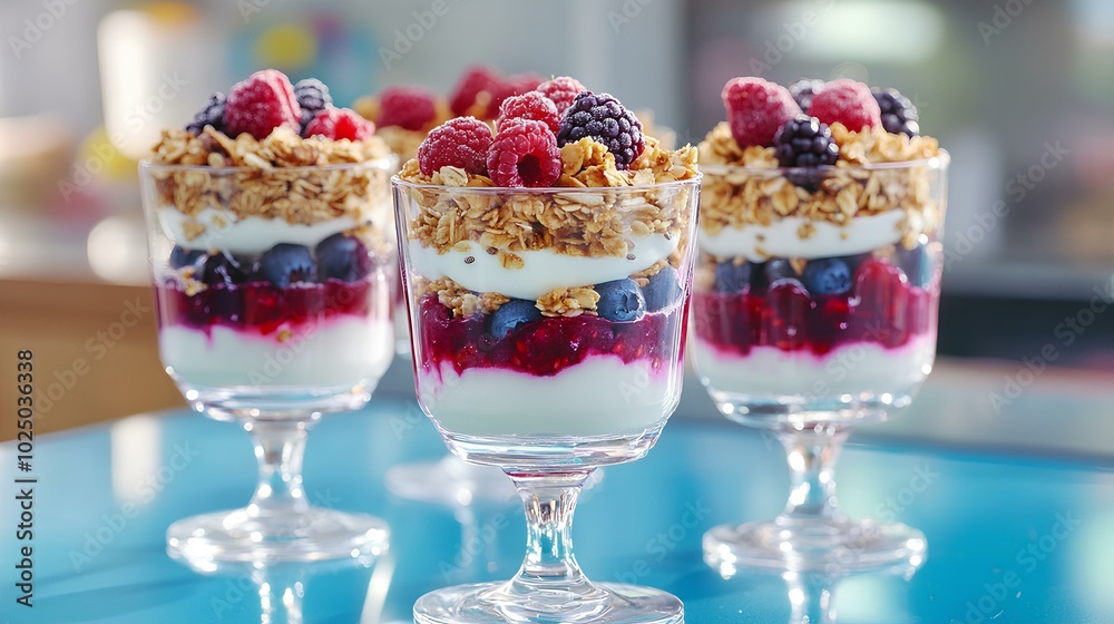 A vibrant dessert parfait featuring layers of yogurt, mixed berries, granola, and a colorful presentation in elegant glasses. A vibrant dessert parfait featuring layers of yogurt, mixed berries, granola, and a colorful presentation in elegant glasses.